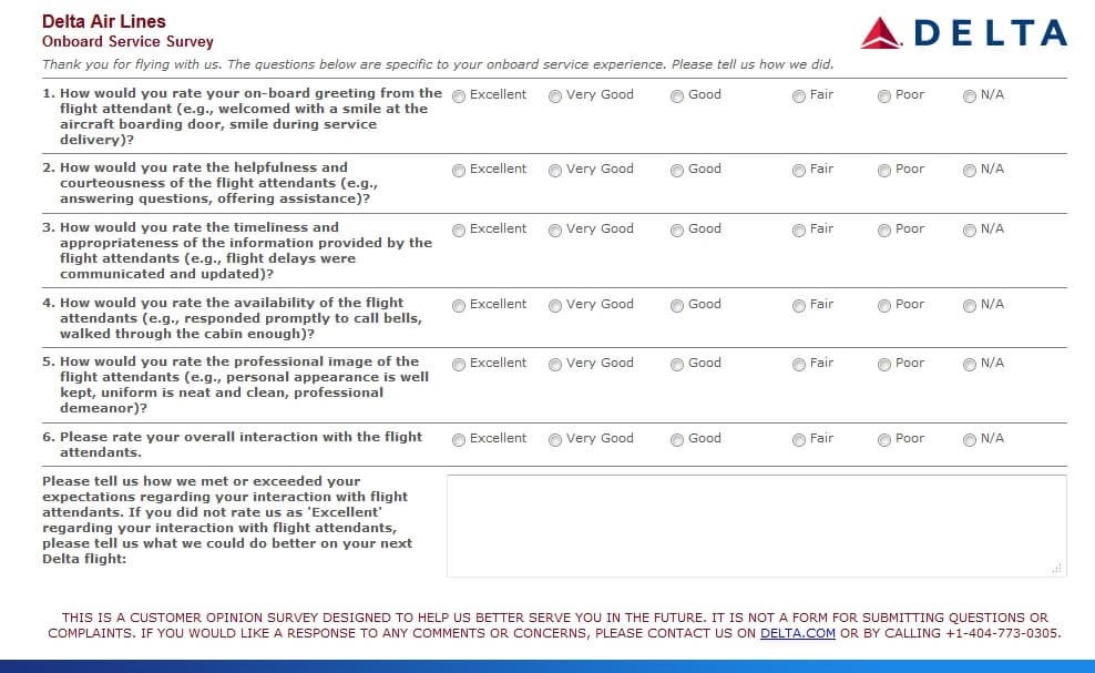 printscreen pesquisa de satisfação de cliente detalhada Delta Airlines