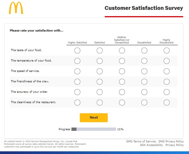 printscreen pesquisa de satisfação de cliente McDonalds